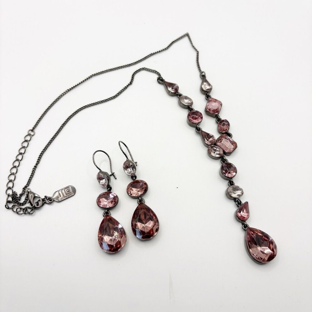 Necklace Earring Set JLo Jennifer Lopez Pink Rhinestone Gunmetal Tone Statement